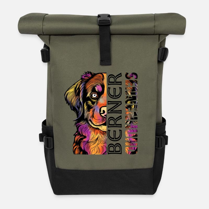 Colourful Bernese Mountain Dog - Roll Top Backpack - olive/black