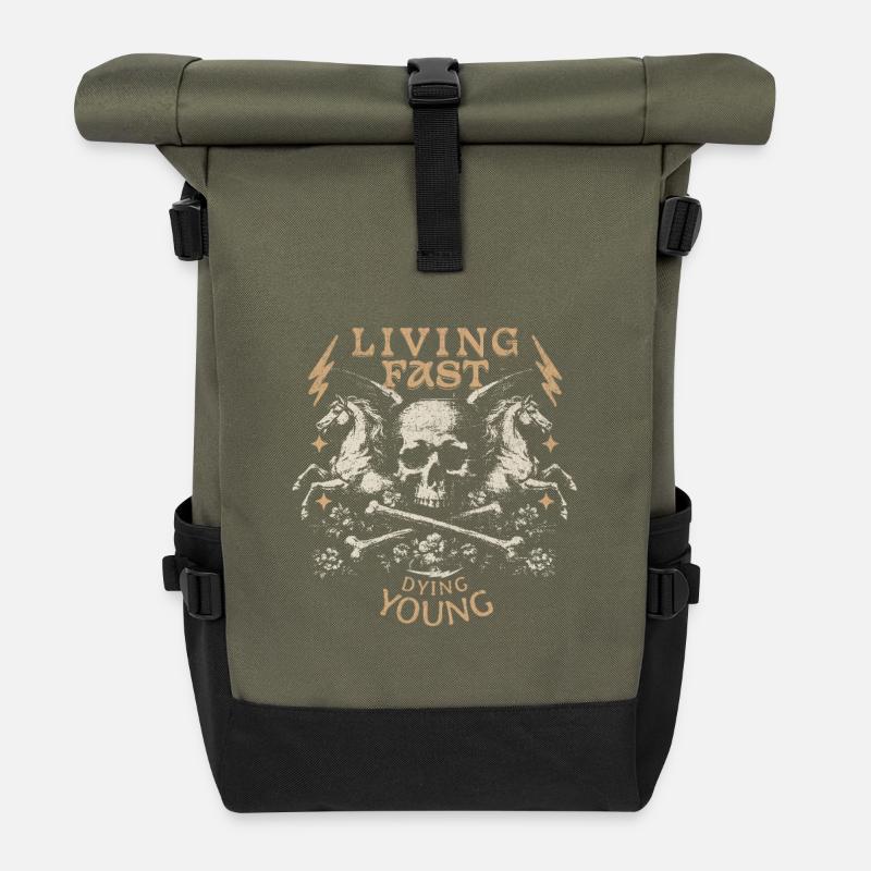 Living Fast Dying Young Skull Design - Rolltop Rucksack - Olive/Schwarz