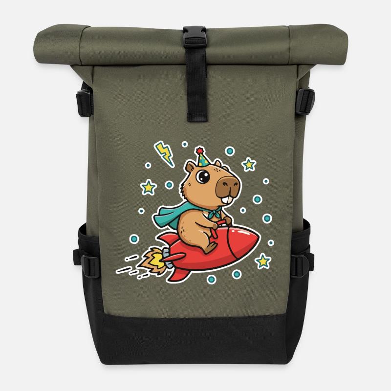 Capybara in Kinderrakete - Rolltop Rucksack - Olive/Schwarz