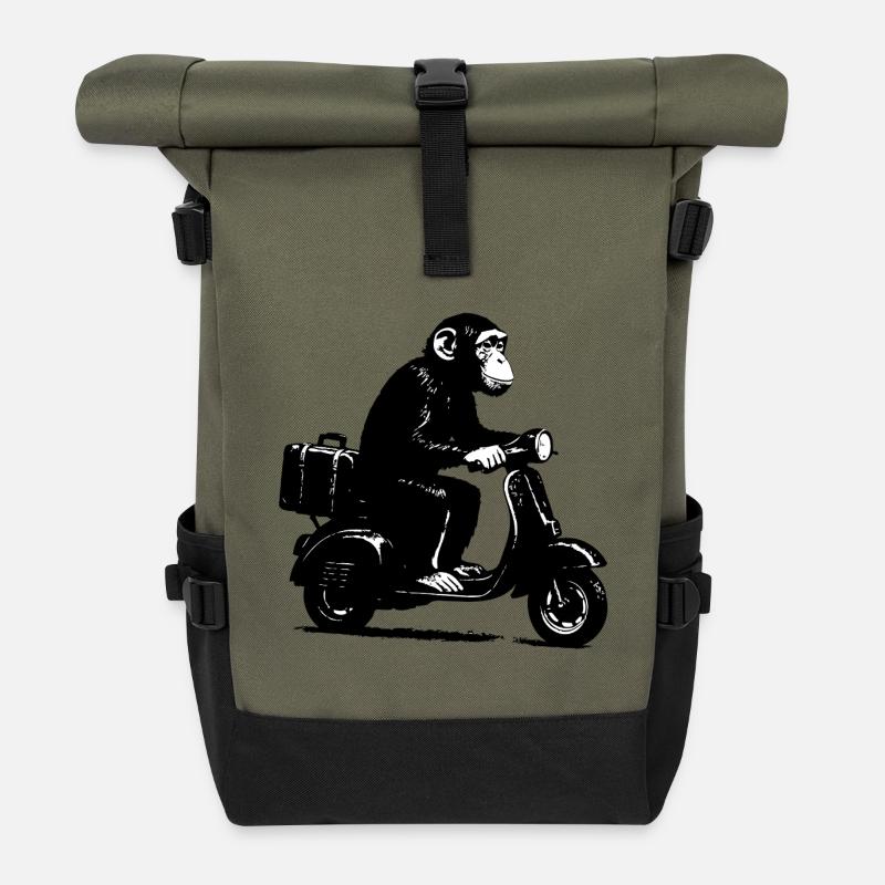 Retro Affe auf Moped | Roller-Affe - Rolltop Rucksack - Olive/Schwarz