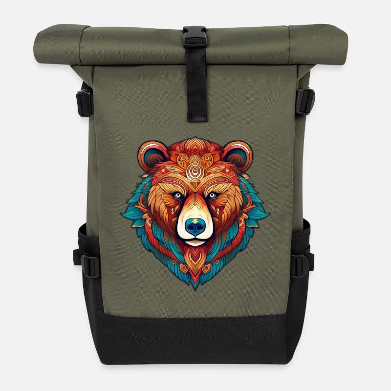 Farbenfroher Tribal Bärenkopf - Rolltop Rucksack - Olive/Schwarz