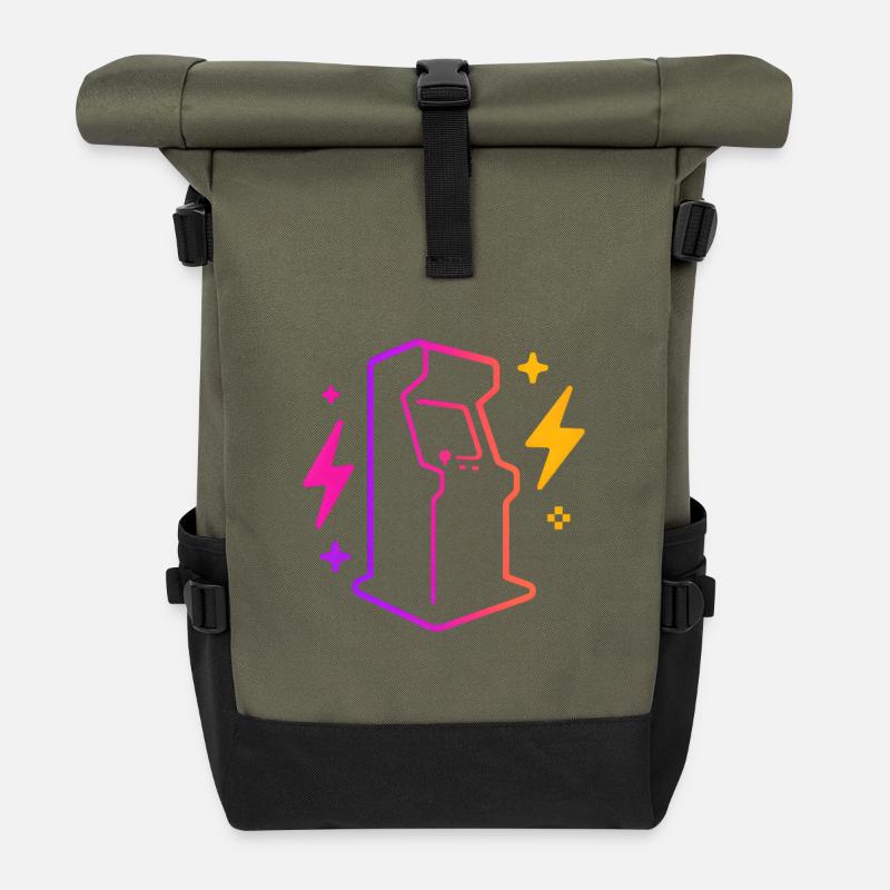 Retro Neon Arcade Game Outline - Roll Top Backpack - olive/black