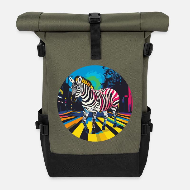 Colorful zebra in neon cityscape - Roll Top Backpack - olive/black