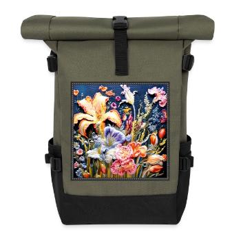 Motif floral en technique de broderie sur bleu foncé - Sac à dos roll top - olive/noir - Devant