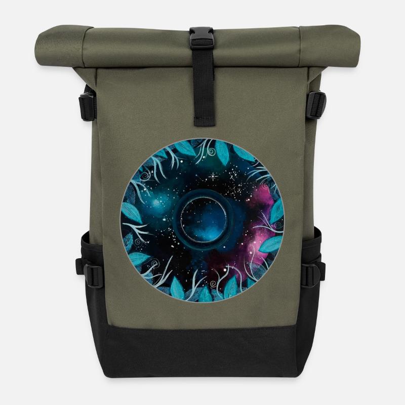 Galactic Leaf Wreath Motif - Roll Top Backpack - olive/black
