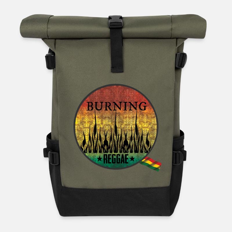 Feuriges Burning Reggae Emblem - Rolltop Rucksack - Olive/Schwarz