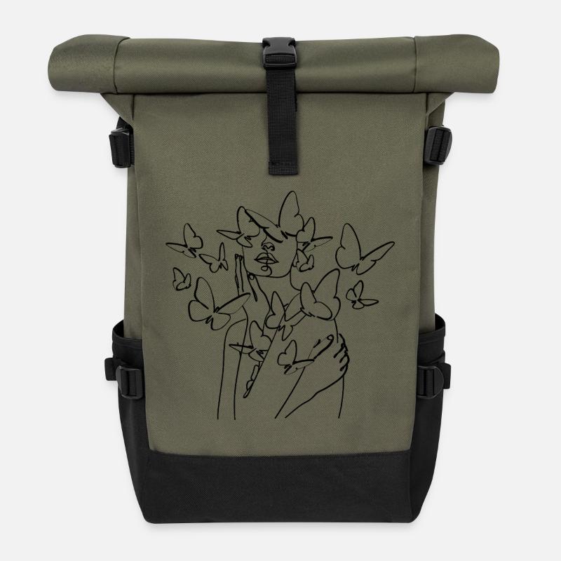 Black Silhouette Line Art - Roll Top Backpack - olive/black