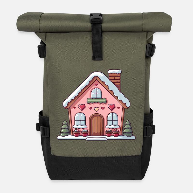 Cozy Heart Cottage in Winter - Roll Top Backpack - olive/black