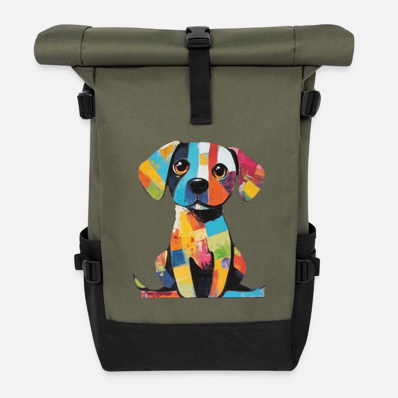 Farbenfroher Patchwork, bunter Hund - Rolltop Rucksack - Olive/Schwarz