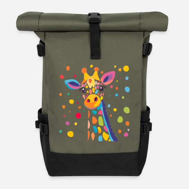 Königliche Giraffe Farbkonfetti - Rolltop Rucksack - Olive/Schwarz