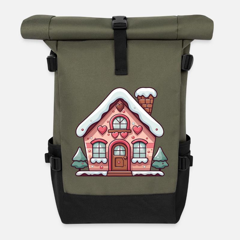 Herz Lebkuchenhaus Verschneiter Charme - Rolltop Rucksack - Olive/Schwarz