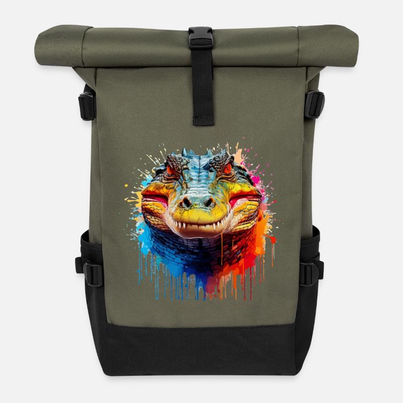 Bunter Krokodil Kopf Splash - Rolltop Rucksack - Olive/Schwarz
