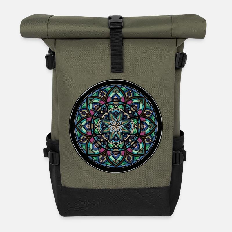 Mandala Color Wheel Center - Roll Top Backpack - olive/black