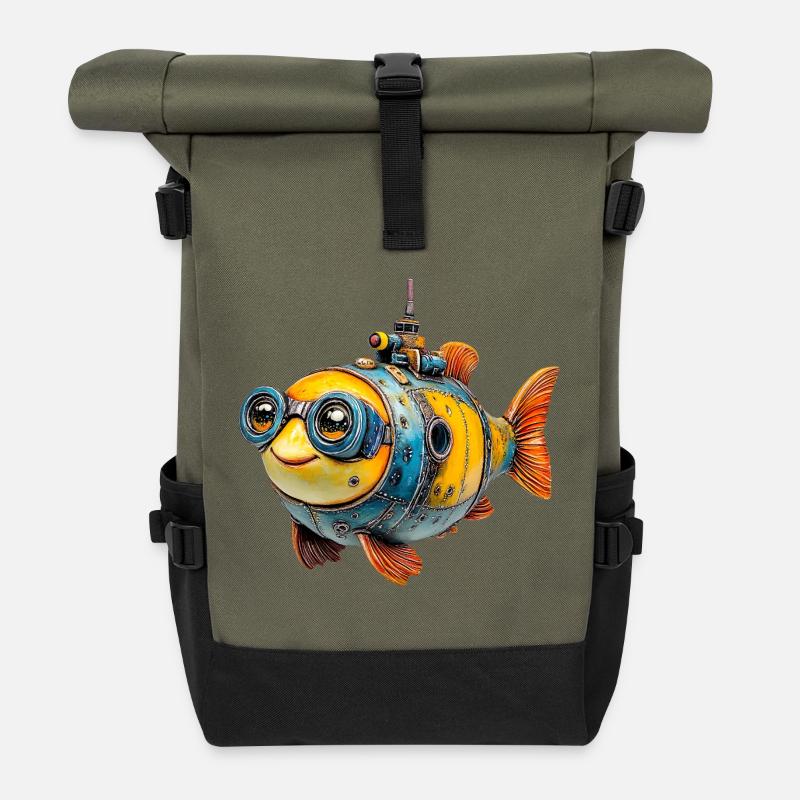 Steampunkfisch mit Brille - Rolltop Rucksack - Olive/Schwarz