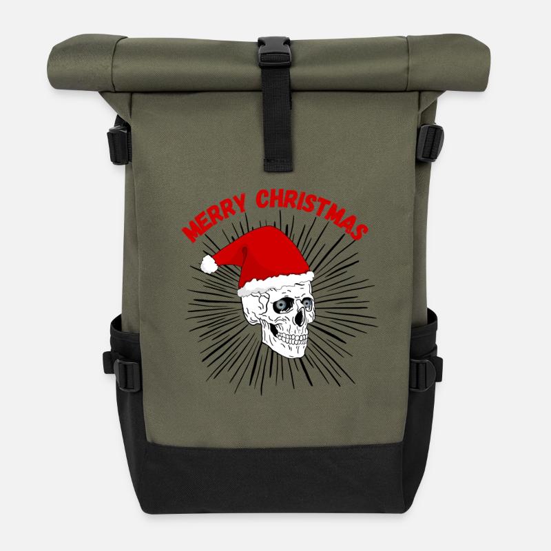Weihnachtsschädel mit rotem Gothic Hut - Rolltop Rucksack - Olive/Schwarz
