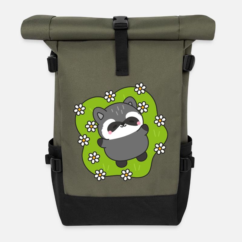 Raccoon Joy Among the Flowers - Roll Top Backpack - olive/black
