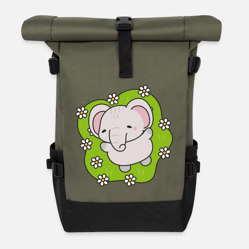 Cute Elephant with Flowers - Roll Top Backpack - olive/black