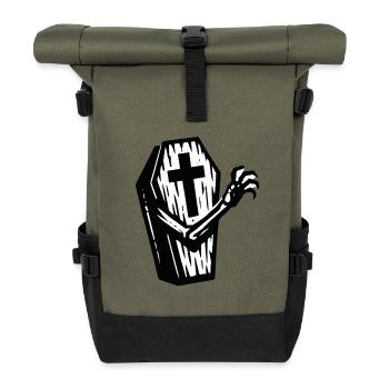 Halloween Sarg | Kreuzsarg mit Knochenhand - Rolltop Rucksack - Olive/Schwarz - Vorne