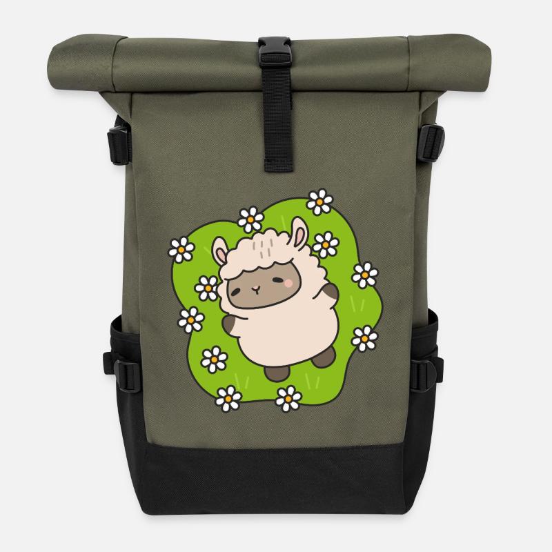 Blühendes Lamm, das zwischen Gänseblümchen tanzt - Rolltop Rucksack - Olive/Schwarz