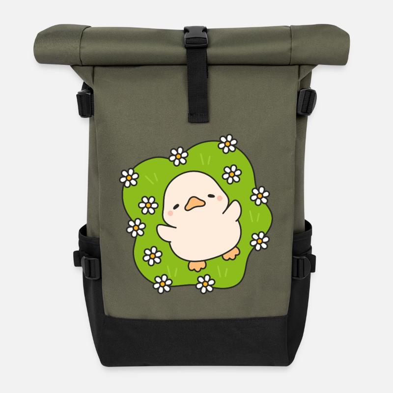 Poussin fleuri sur vert pastel - Sac à dos roll top - olive/noir