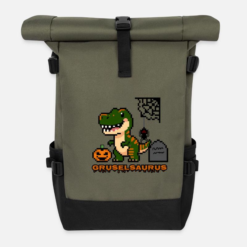 "Gruselsaurus" - Pixel Art Dinosaur 🎃🦖 - Roll Top Backpack - olive/black
