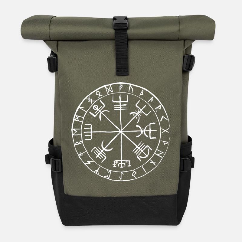 Vegvísir Runen Kompass Wikinger Symbol Design - Rolltop Rucksack - Olive/Schwarz