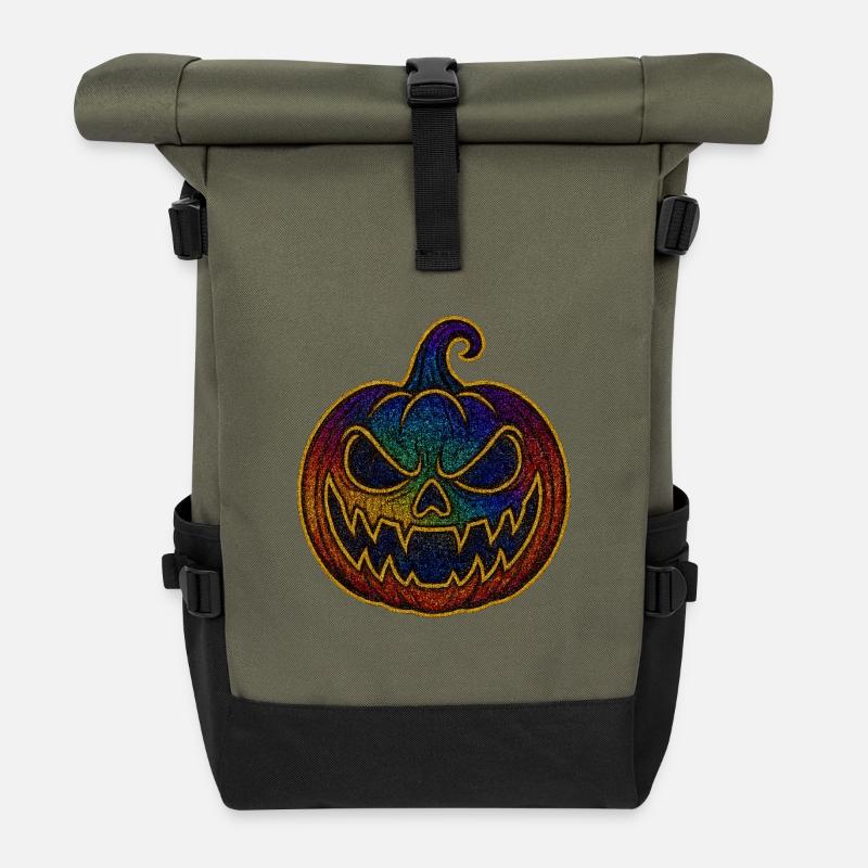 Glitzernder Regenbogen Kürbis zu Halloween - Rolltop Rucksack - Olive/Schwarz