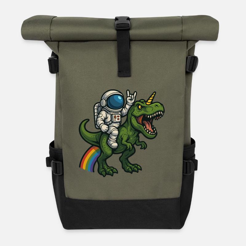 Astronaut Riding Unicorn T-Rex - Roll Top Backpack - olive/black