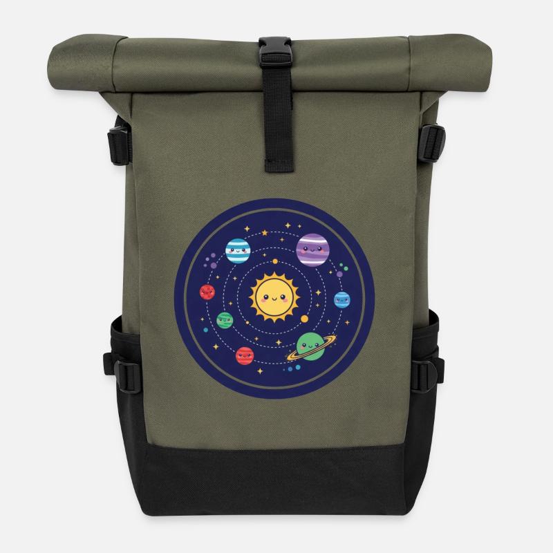 Fröhliches Sonnensystem Design - Rolltop Rucksack - Olive/Schwarz