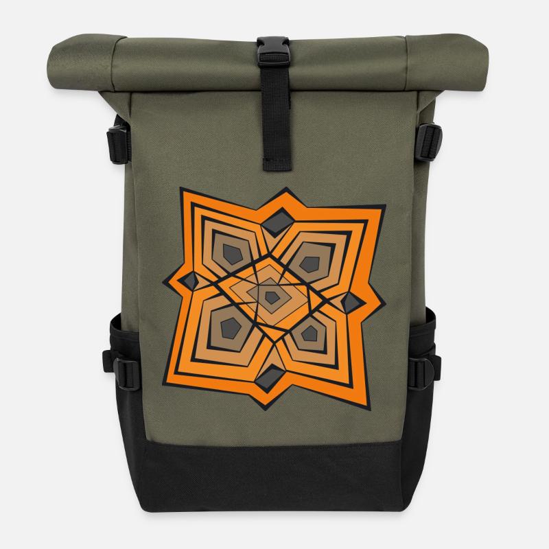 Geometric mandala in oranges - Roll Top Backpack - olive/black