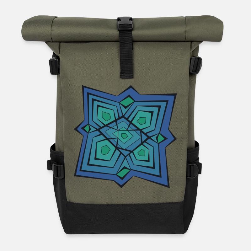 Geometric Mandala Blue Green - Roll Top Backpack - olive/black