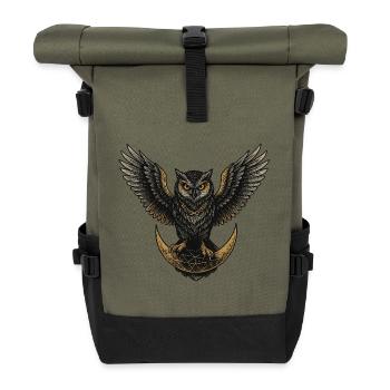 Eule des Mondes – Symbol für Weisheit & Stärke - Rolltop Rucksack - Olive/Schwarz - Vorne