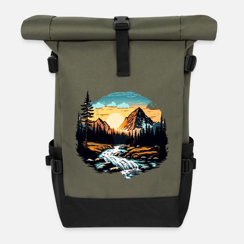 Sonnenuntergang in den Bergen - Rolltop Rucksack - Olive/Schwarz