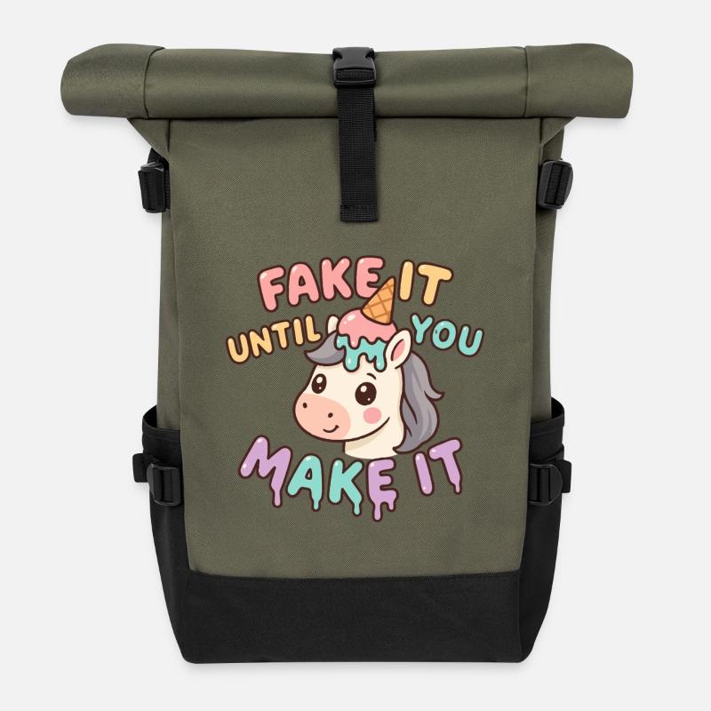 Kawaii Unicorn Motivational Funny – Fake it until yo - Roll Top Backpack - olive/black