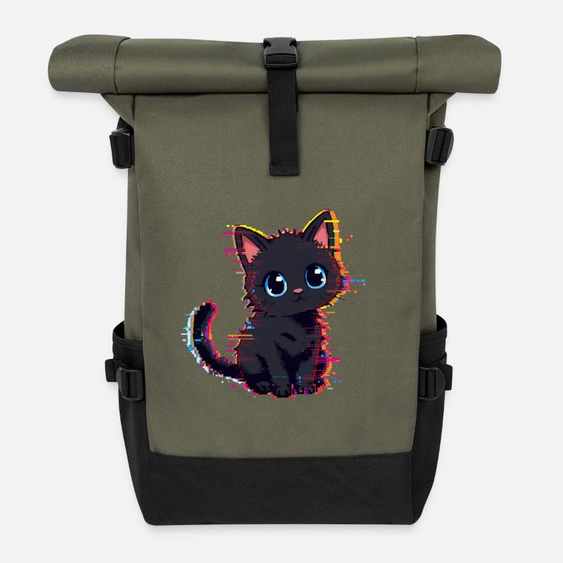 Neon Glitch Schwarze Katze Niedlich - Rolltop Rucksack - Olive/Schwarz