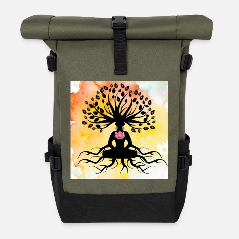 Lotus Buddha Baum des Lebens - Rolltop Rucksack - Olive/Schwarz