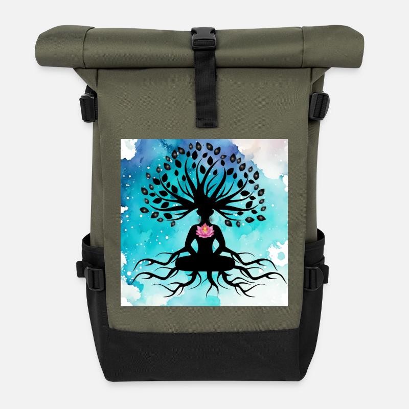 Baum des Lebens Yoga - Rolltop Rucksack - Olive/Schwarz