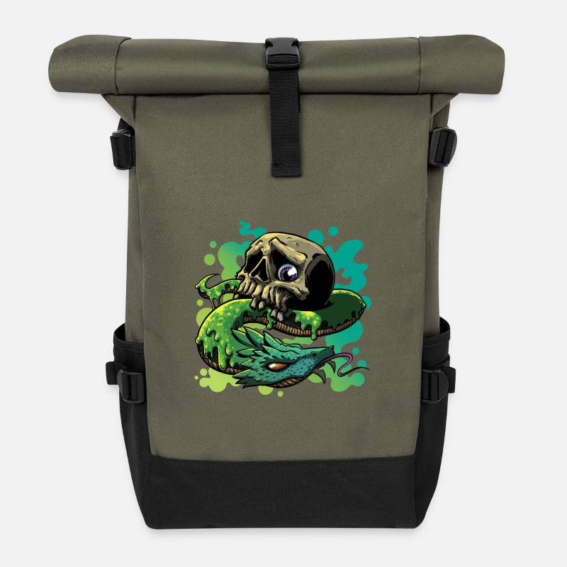 Neon Schlange Schädel - Rolltop Rucksack - Olive/Schwarz