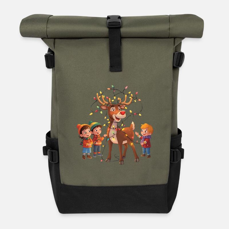 Rentier mit Lichterkette und Kindern - Rolltop Rucksack - Olive/Schwarz