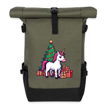 Pixel Unicorn & Christmas Tree Retro Art - Roll Top Backpack - olive/black - Front