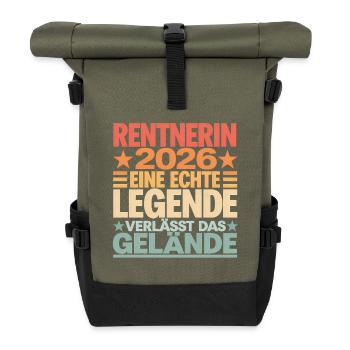 Rentnerin 2026 Legende – lustiges Abschiedsgeschen - Rolltop Rucksack - Olive/Schwarz - Vorne