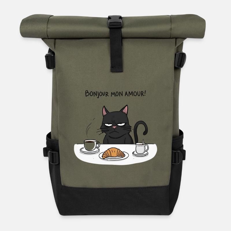 Funny Cat Breakfast Bonjour Mon Amour - Rolltop Rucksack - Olive/Schwarz