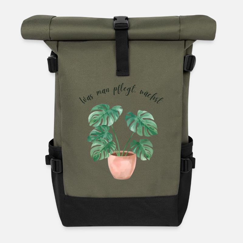 Monstera Watercolor – "What you care for, grows" - Roll Top Backpack - olive/black