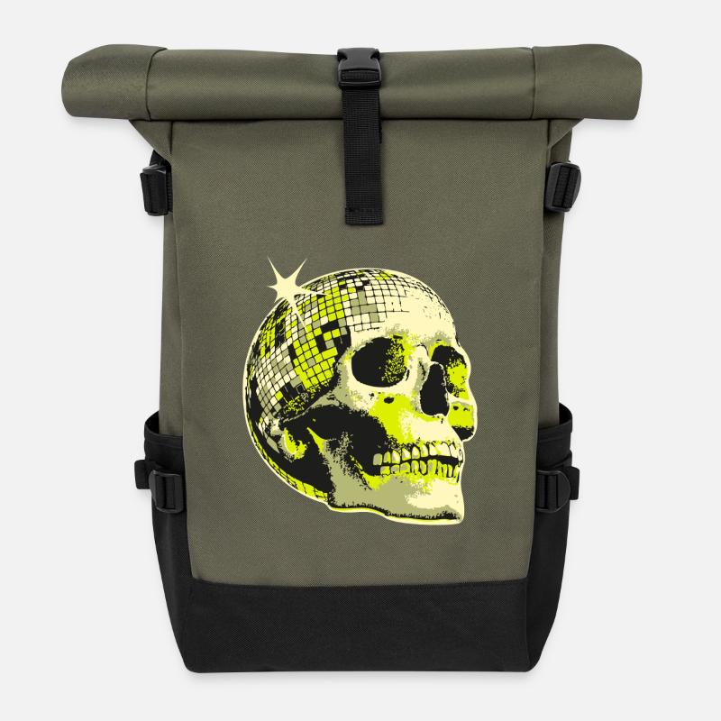Neon Skull Disco Ball - Roll Top Backpack - olive/black