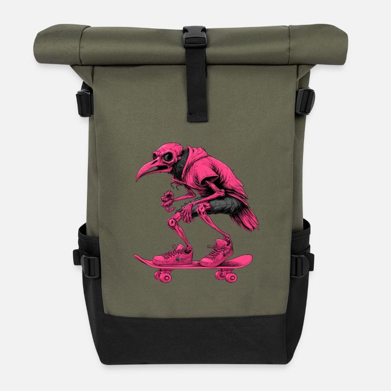 Neon Skater Skeleton Bird - Roll Top Backpack - olive/black