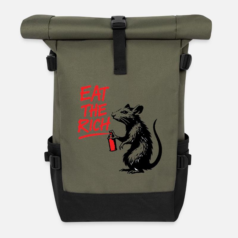 Eat the Rich Rat with Spray Can - Roll Top Backpack - olive/black
