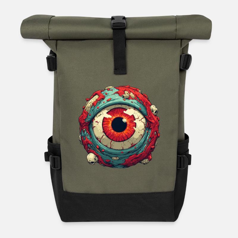 Crimson Eye Orb with Skulls - Roll Top Backpack - olive/black