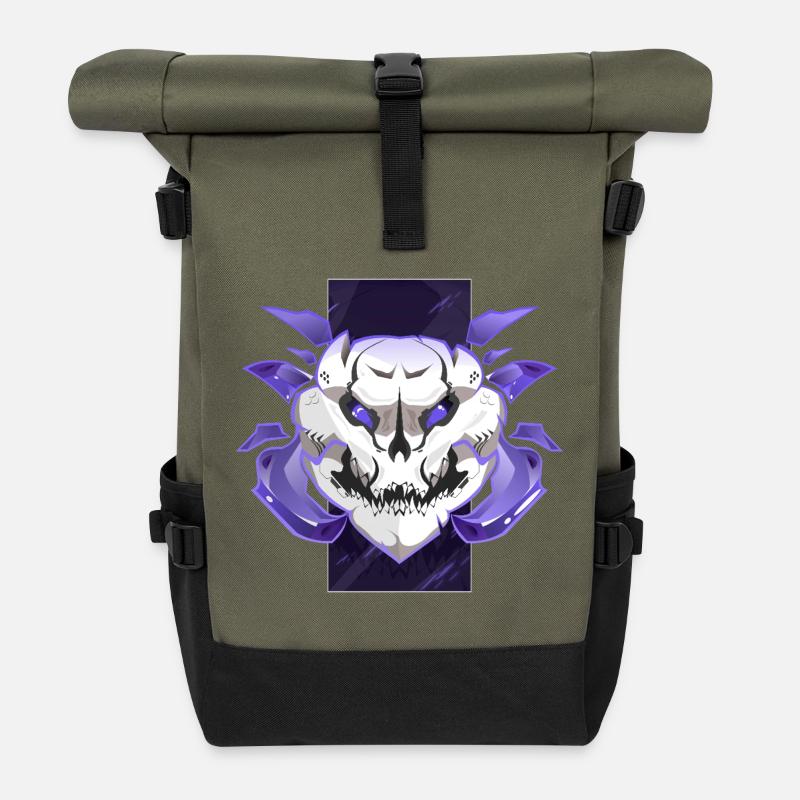 Cyber Skull – Neon Lila Design - Rolltop Rucksack - Olive/Schwarz