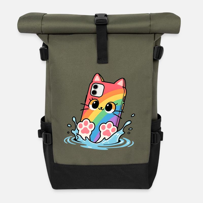 Téléphone mobile chat arc-en-ciel plongeant  - Sac à dos roll top - olive/noir
