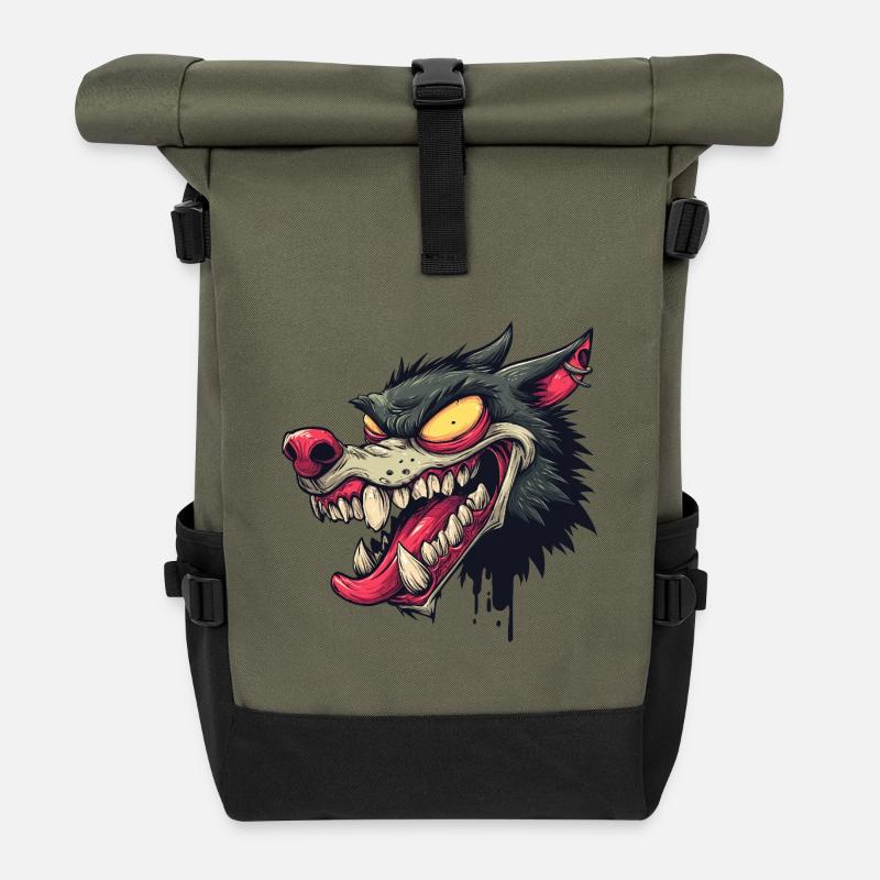 Graffiti féroce tête de loup - Sac à dos roll top - olive/noir
